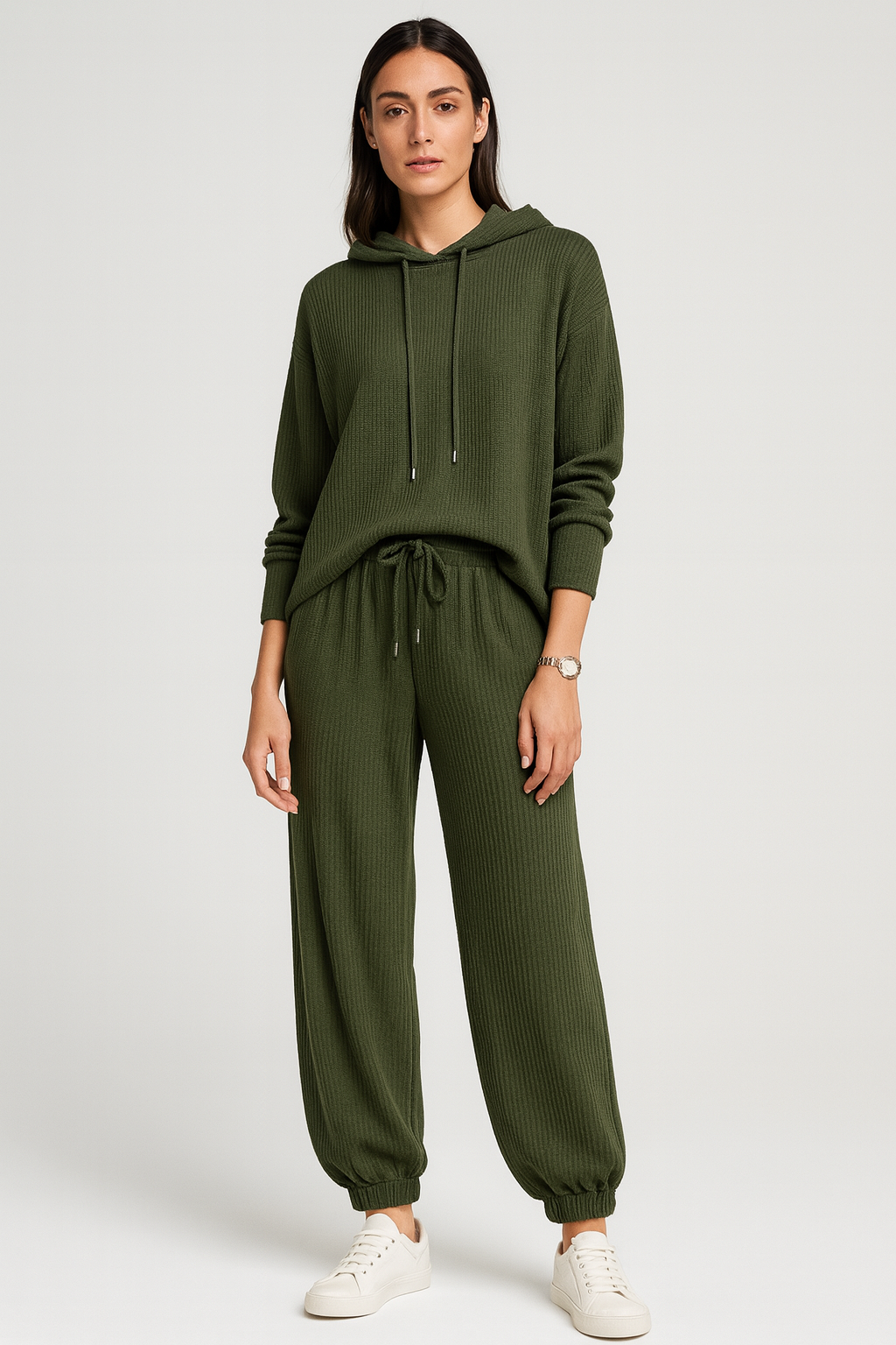 Ribbed lounge set with a relaxed hooded top and tapered joggers