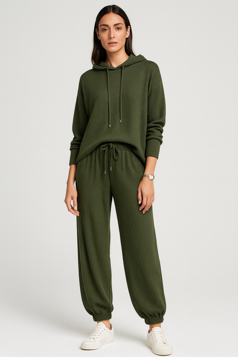 Ribbed lounge set with a relaxed hooded top and tapered joggers