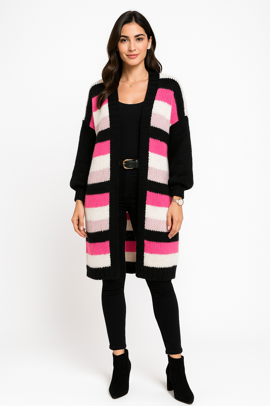 Cozy long striped open-front cardigan