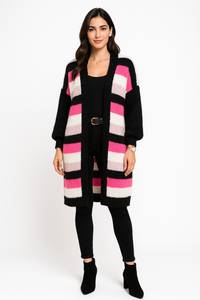 Cozy long striped open-front cardigan
