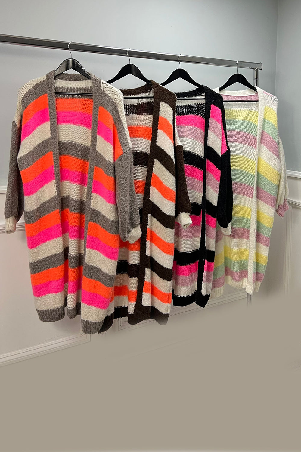 Cozy long striped open-front cardigan