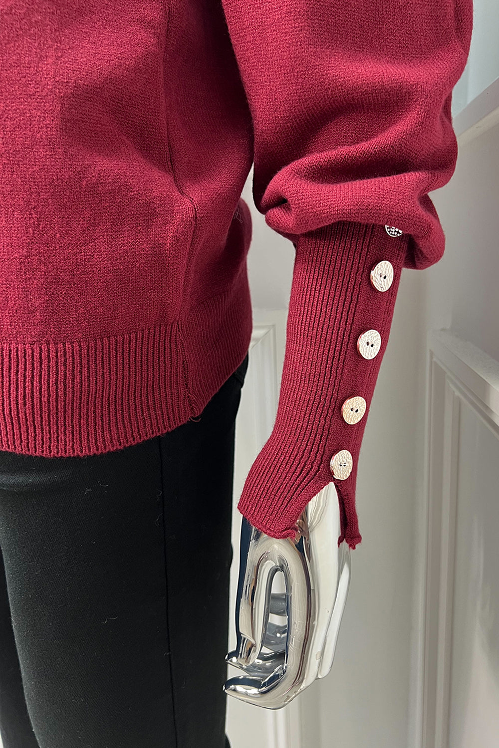Round Neck, Golden Button Cuff Detailed, Elasticated Cuff & Hem, Viscose, Modal & Polymide Knitted Jumper.