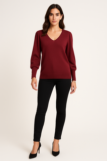 V-neck sweater — tailored with soft puff sleeves, ribbed cuffs, and a smooth, clean silhouette 25119