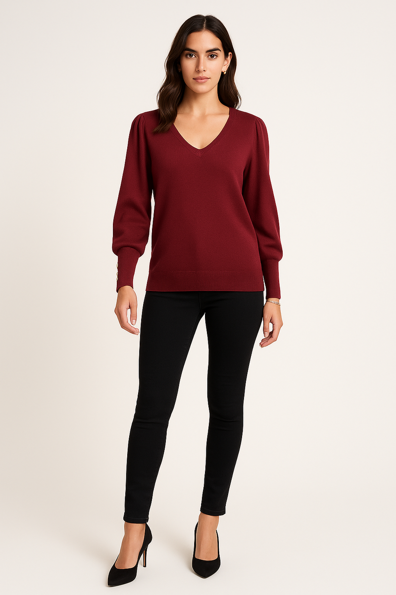 V-neck sweater — tailored with soft puff sleeves, ribbed cuffs, and a smooth, clean silhouette 25119