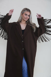 Longline coat with classic notched lapel collar & tiered fringe details at back