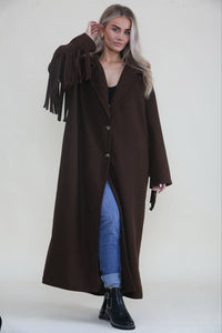 Longline coat with classic notched lapel collar & tiered fringe details at back