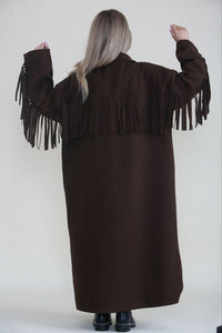 Longline coat with classic notched lapel collar & tiered fringe details at back