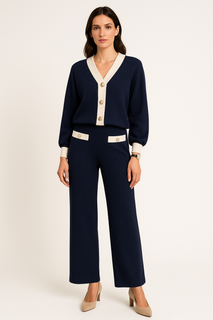 V Neck , cropped loungewear with gold-tone Button