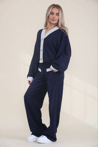 V Neck , cropped loungewear with gold-tone Button