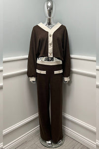 V Neck , cropped loungewear with gold-tone Button