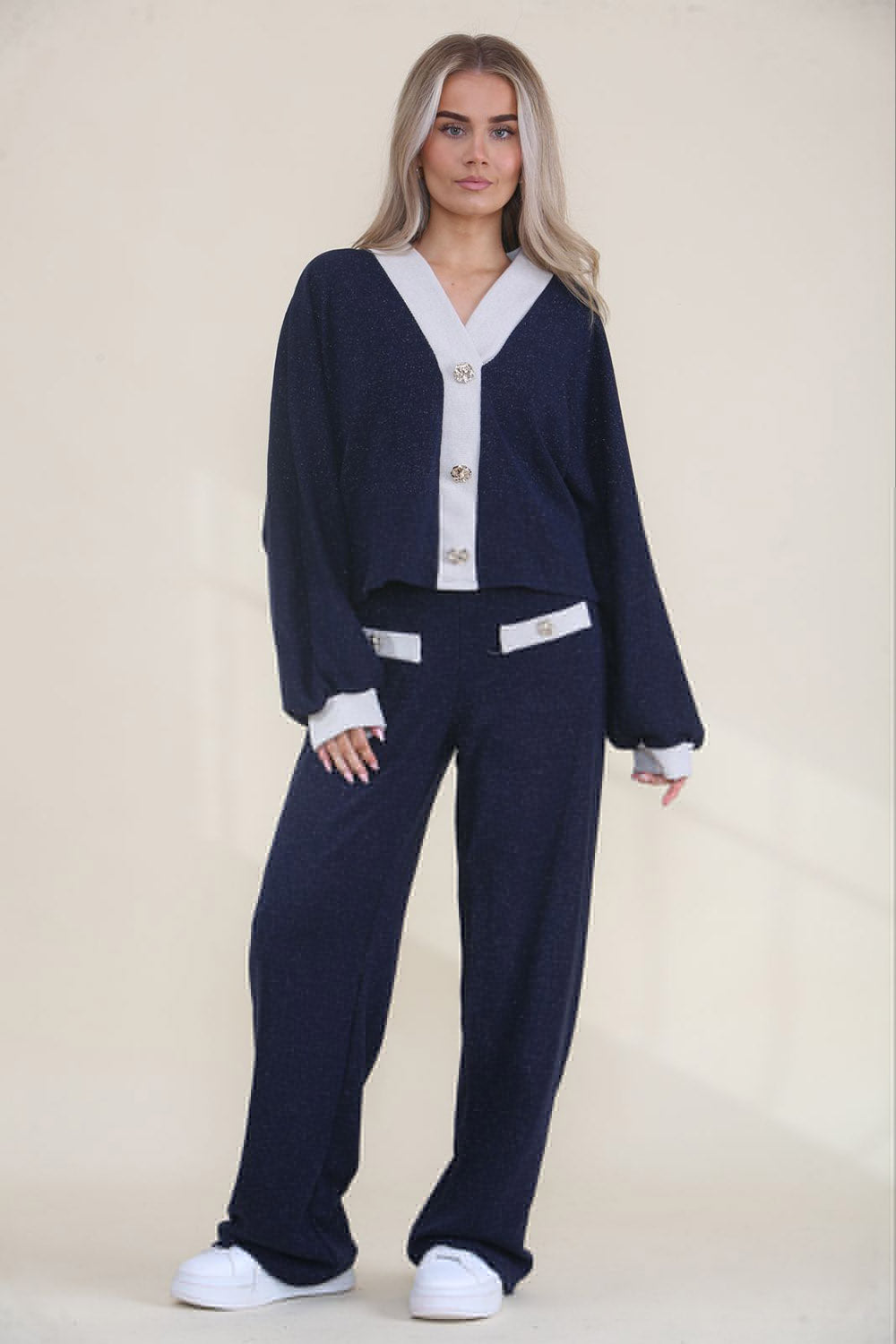 V Neck , cropped loungewear with gold-tone Button