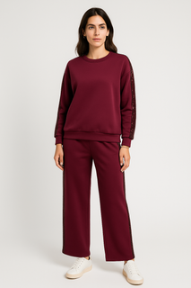 Round Neck, Sequin & Velour Detailed, Elasticated Waist, Two Pocket Wide Leg Set