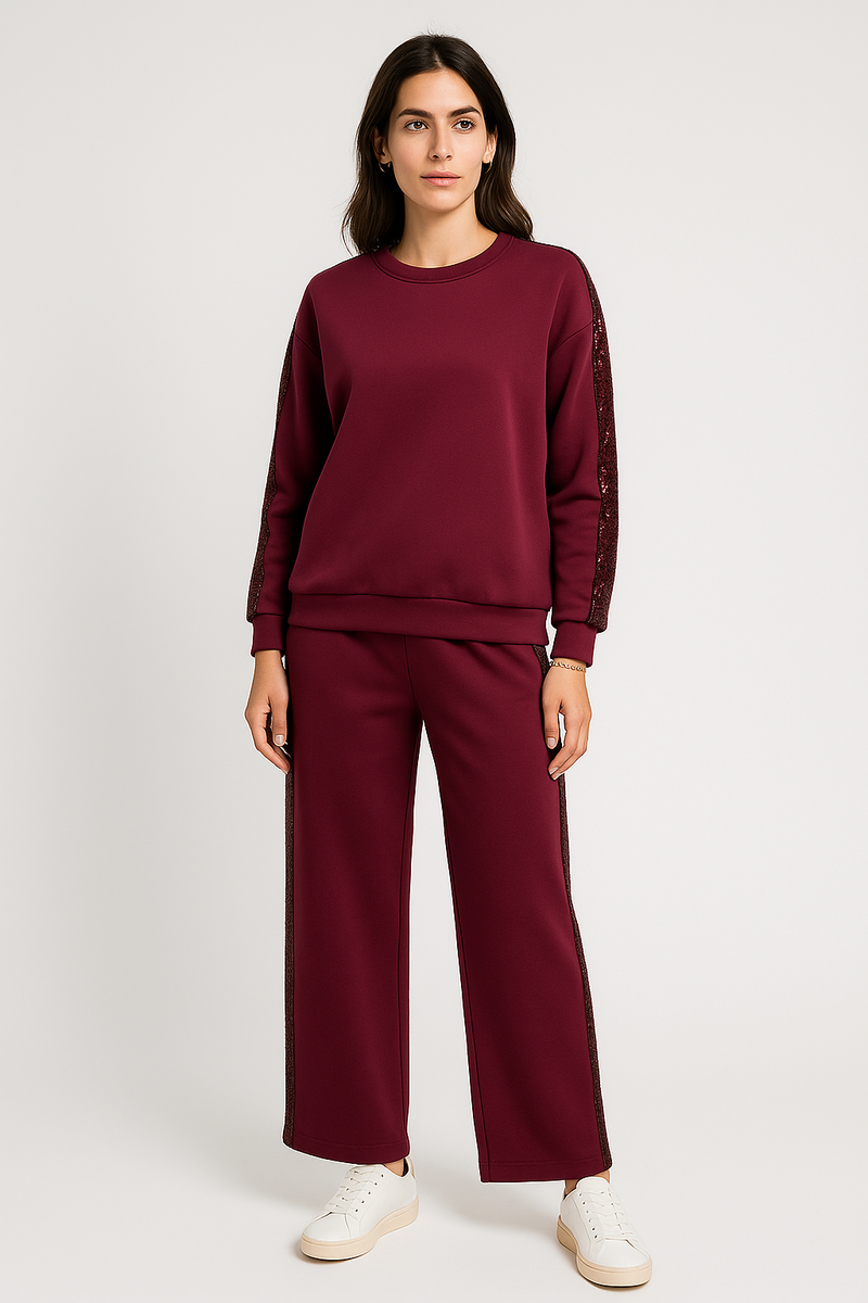Round Neck, Sequin & Velour Detailed, Elasticated Waist, Two Pocket Wide Leg Set