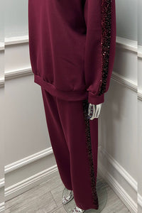 Round Neck, Sequin & Velour Detailed, Elasticated Waist, Two Pocket Wide Leg Set
