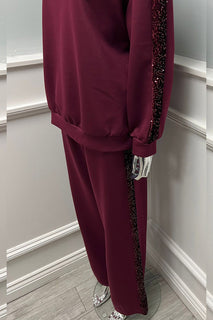 Round Neck, Sequin & Velour Detailed, Elasticated Waist, Two Pocket Wide Leg Set
