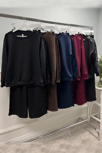 Round Neck, Sequin & Velour Detailed, Elasticated Waist, Two Pocket Wide Leg Set