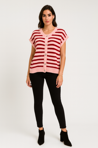 Striped Button-Up Knit Vest -Fabric: Acrylic-Blend Knit