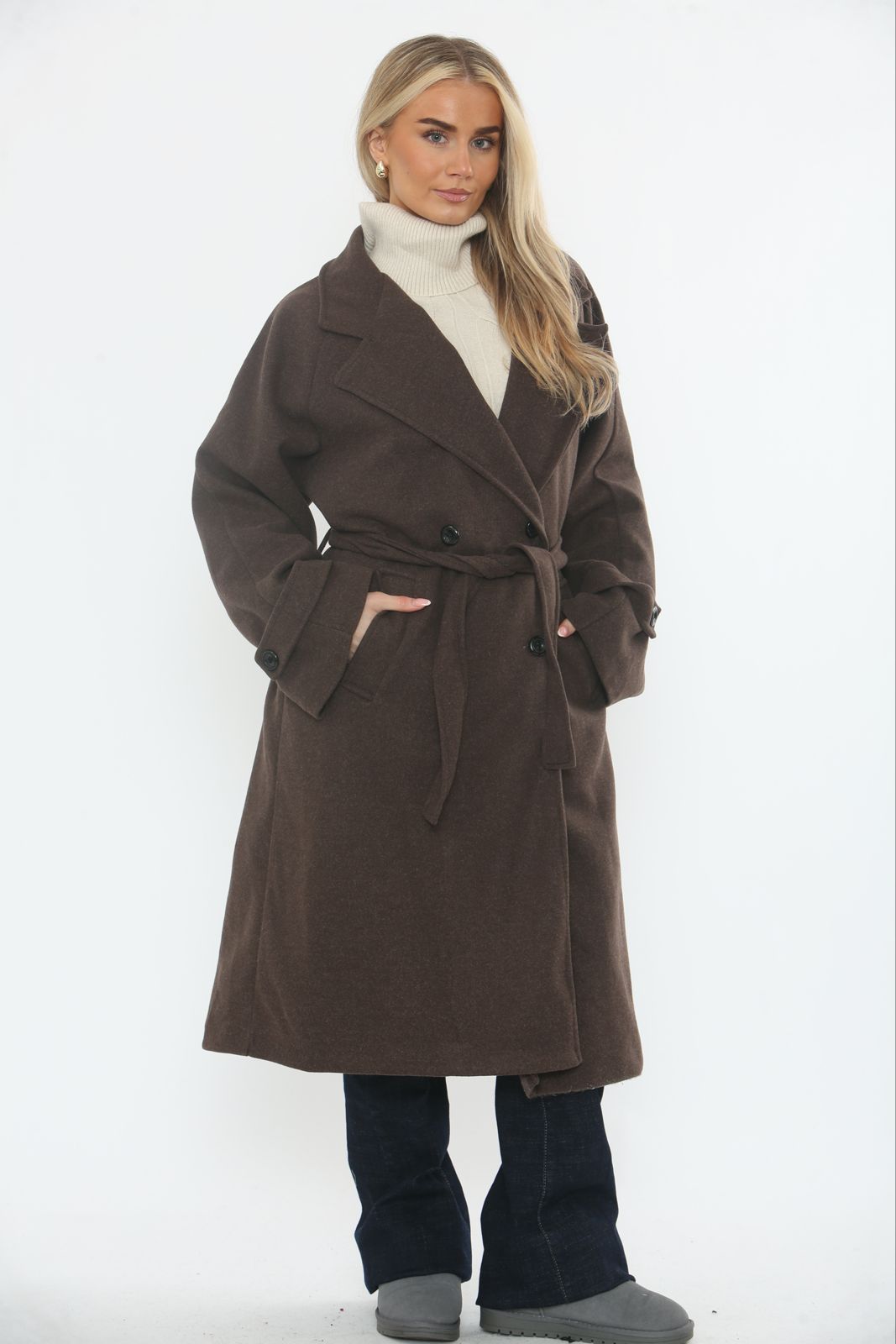 Wool-Blend Belted Long Coat