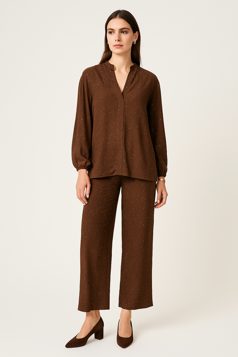 Relaxed, flowy fit co-ord set with a soft v-notch neck & long sleeves