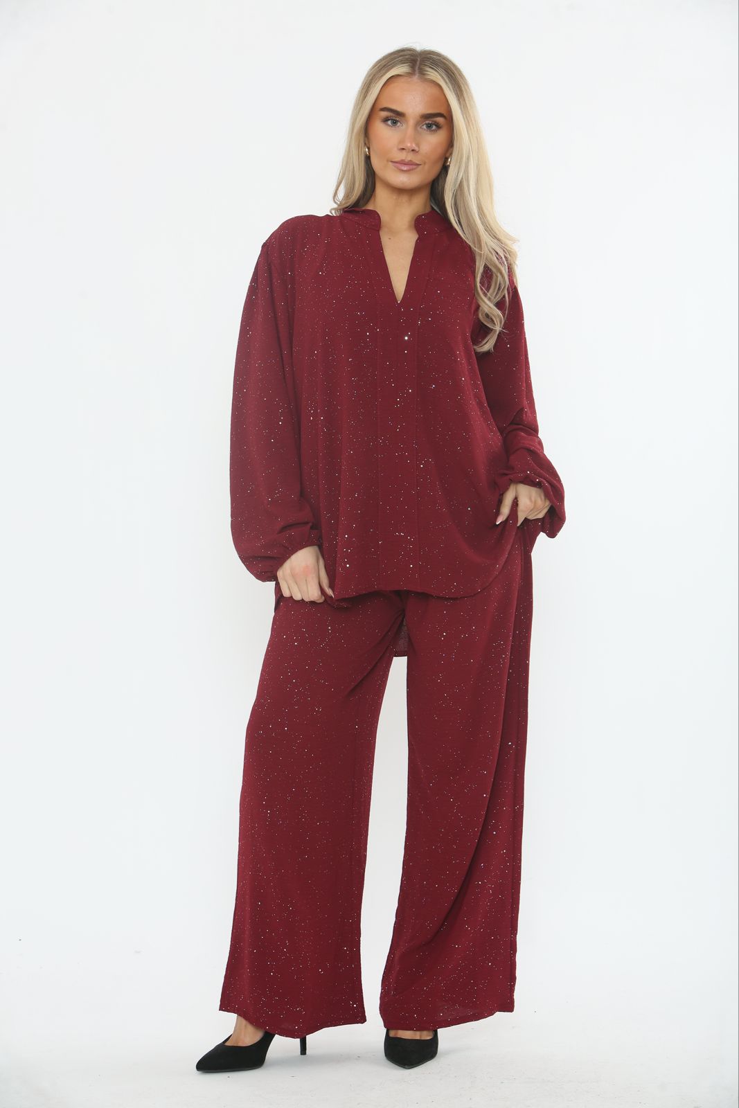 V-Neck, Elasticated Cuff, Lurex Detailed, Elasticated Waist, Drawstring Detailed, Two Pocket Wide Leg Set