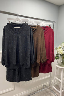 Relaxed, flowy fit co-ord set with a soft v-notch neck & long sleeves