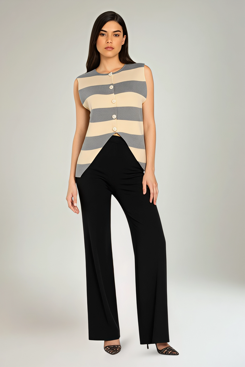 Golden Button Through, Viscose, Nylon & PBT Knitted Stripe Waistcoat
