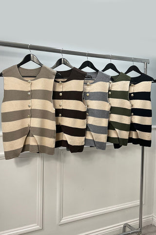 Golden Button Through, Viscose, Nylon & PBT Knitted Stripe Waistcoat