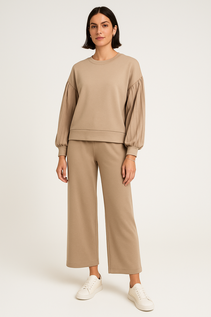 Round Neck ,Pleated Sleeve Detailed, Ealsticated Waist , Wide Leg Two Piece Set