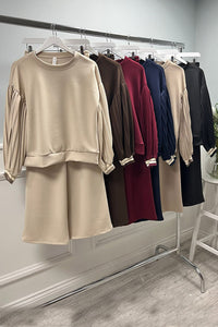 Round Neck ,Pleated Sleeve Detailed, Ealsticated Waist , Wide Leg Two Piece Set