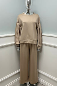 Round Neck ,Pleated Sleeve Detailed, Ealsticated Waist , Wide Leg Two Piece Set