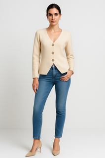 flattering V-neckline cardigan with metallic buttons