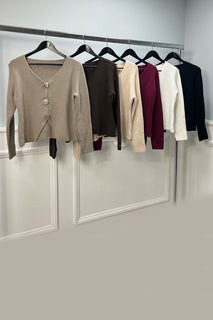flattering V-neckline cardigan with metallic buttons