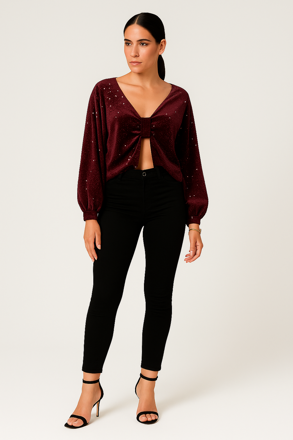 Long Sleeves , V-neck sequin top with Bow detail