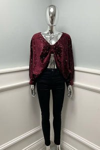Long Sleeves , V-neck sequin top with Bow detail
