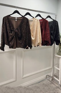 Long Sleeves , V-neck sequin top with Bow detail
