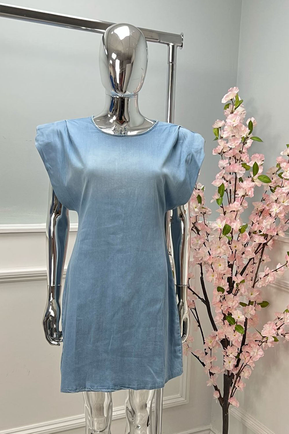 Padded Shoulder, Zip Back Detailed, Denim Dress.