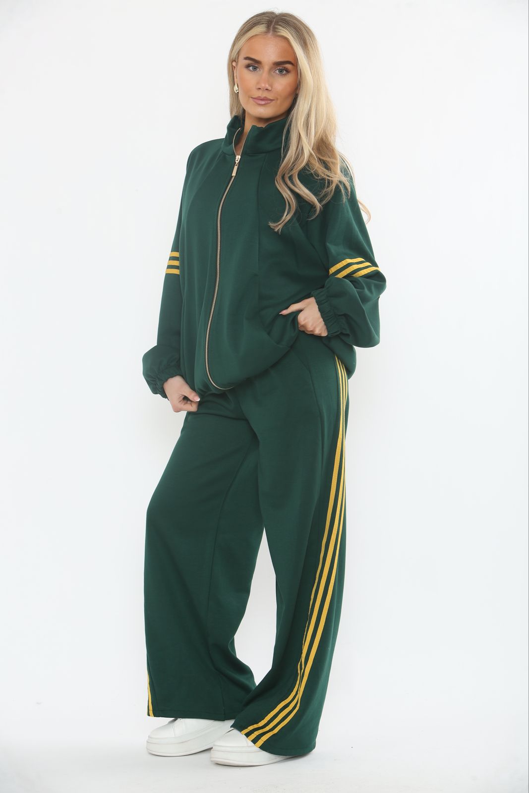 Two Pocket, Elasticated Cuff, High Neck, Zip Through, Elasticated Waist, Drawstring Detailed, Two Pocket Wide Leg Two Piece Set