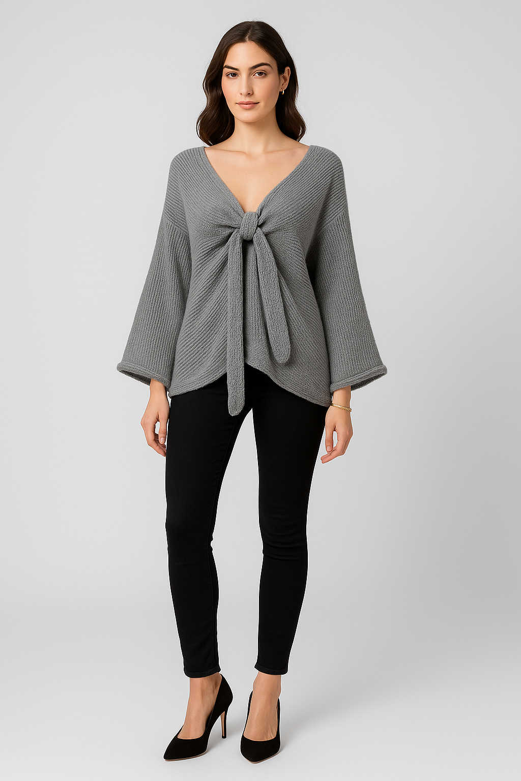 Oversized , V-neck ,knitted jumper with front tie-knot detail