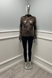 High Neck, Floral Embroidery Detailed, Frill Sleeve Mesh Top