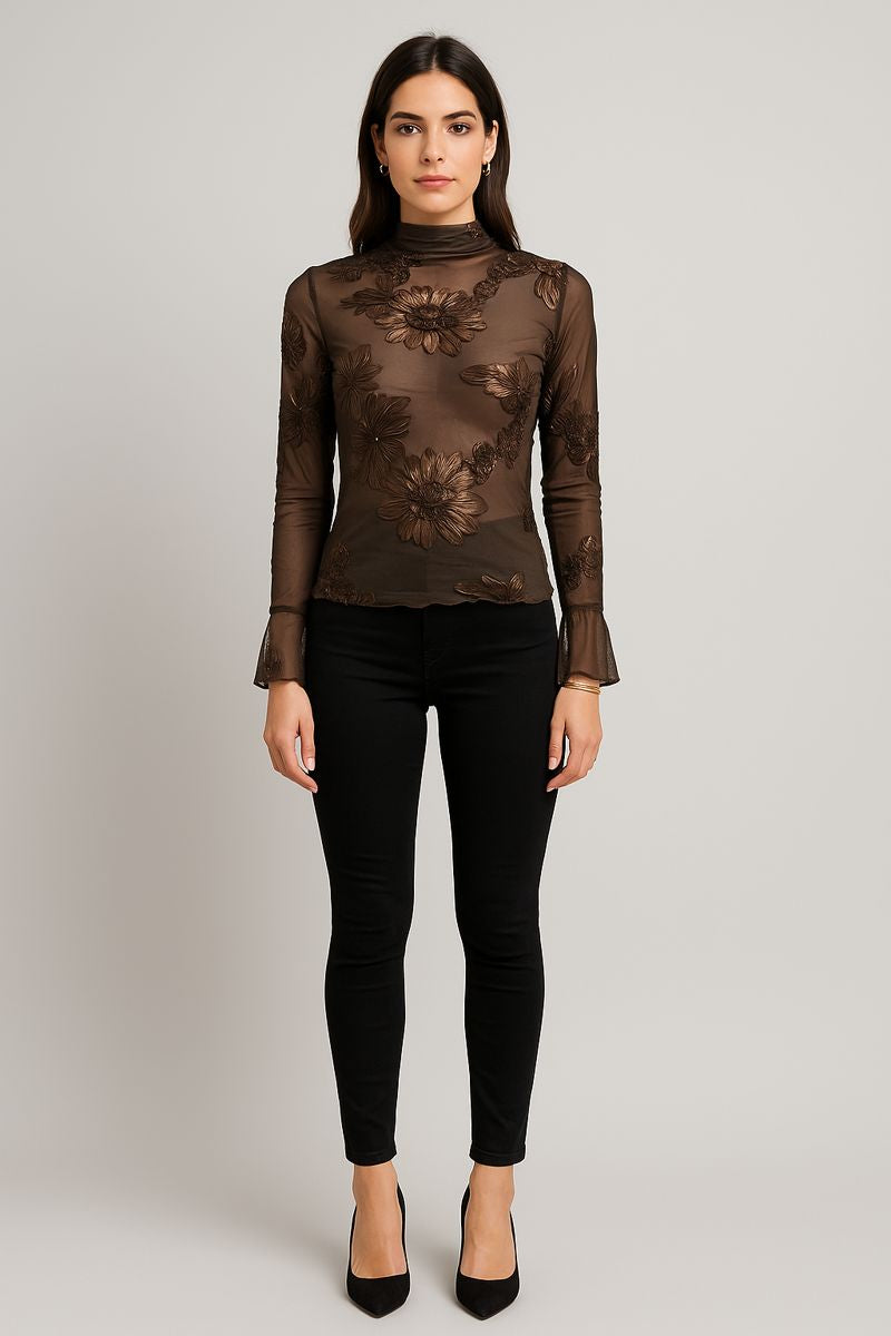 High Neck, Floral Embroidery Detailed, Frill Sleeve Mesh Top