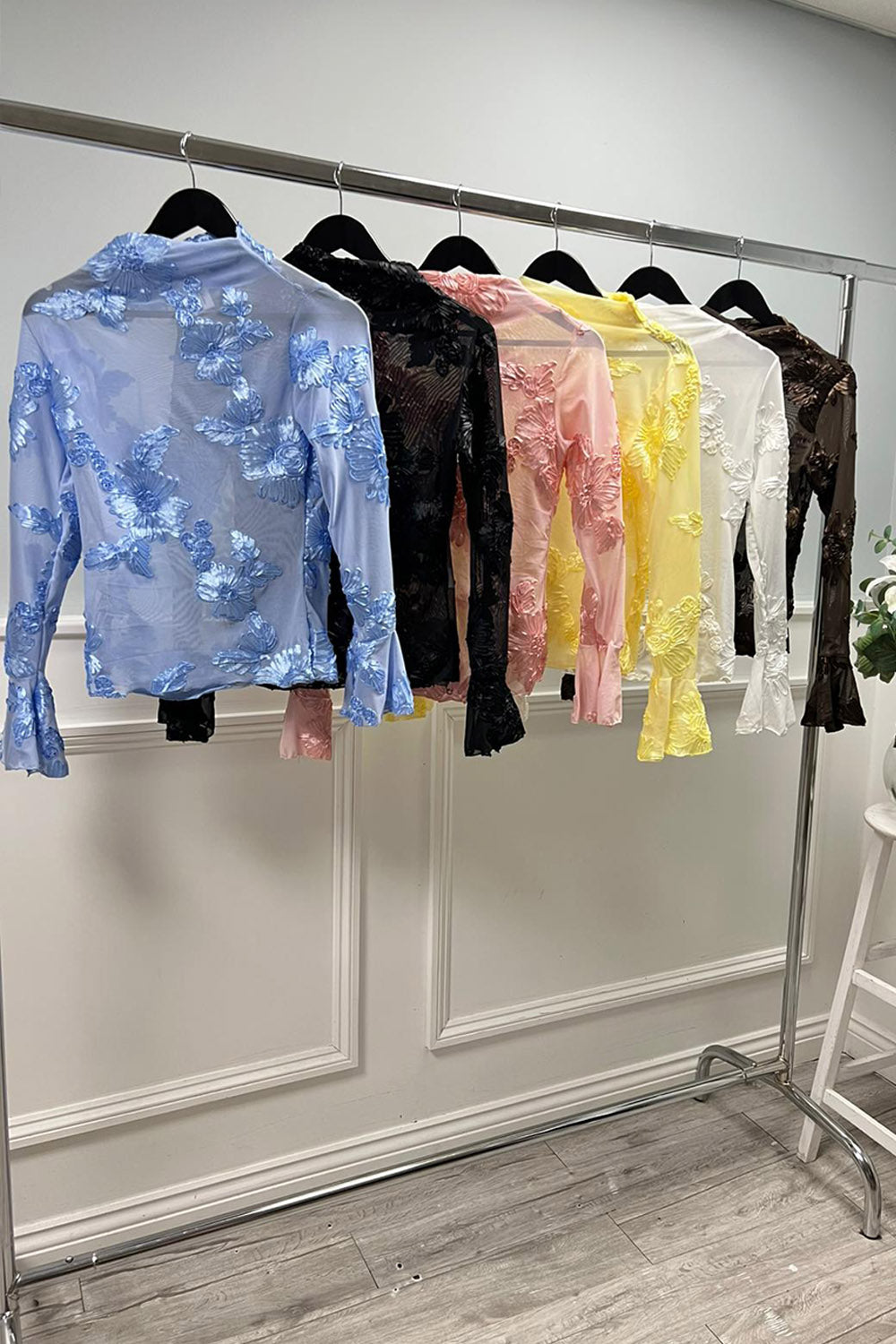 High Neck, Floral Embroidery Detailed, Frill Sleeve Mesh Top