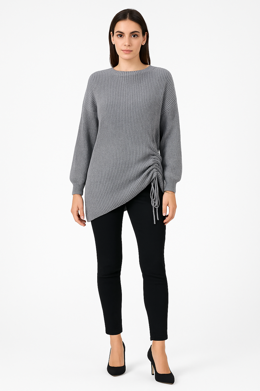 Long sleeves , Crew neck jumper with  asymmetrical hemline