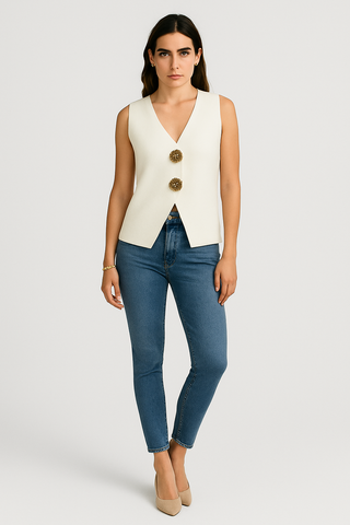 V-neck , sleeveless top with Gold Button