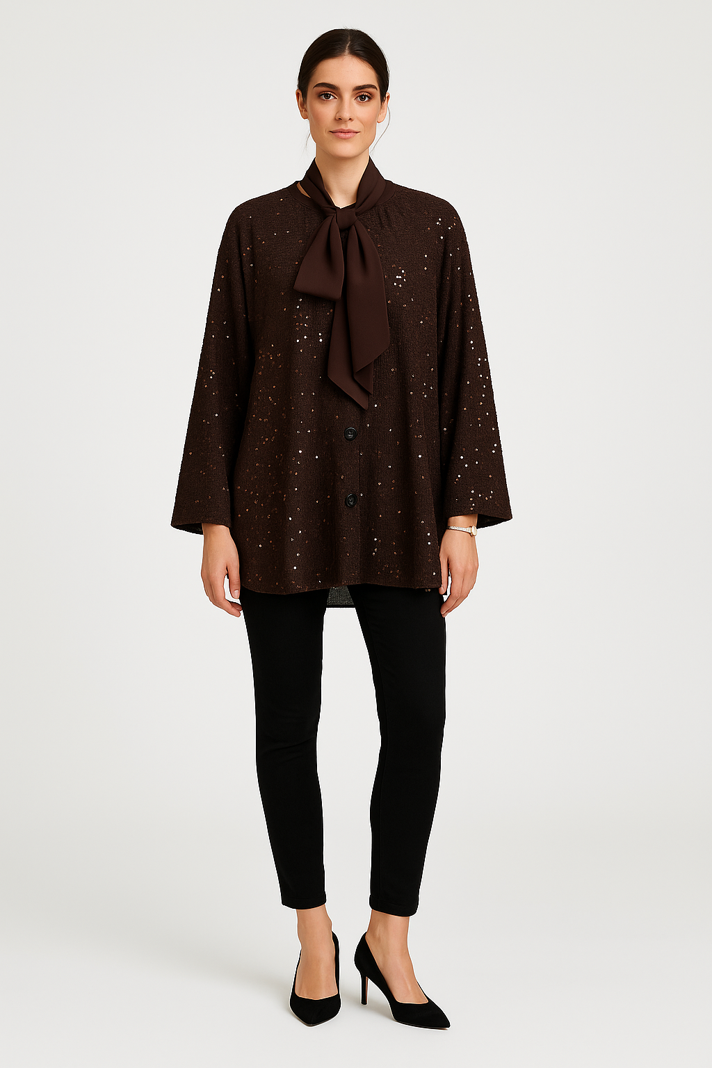 Sequin tunic blouse with a satin bow tie neckline and flowy fit