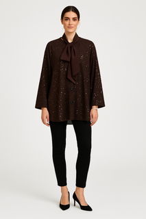 Sequin tunic blouse with a satin bow tie neckline and flowy fit