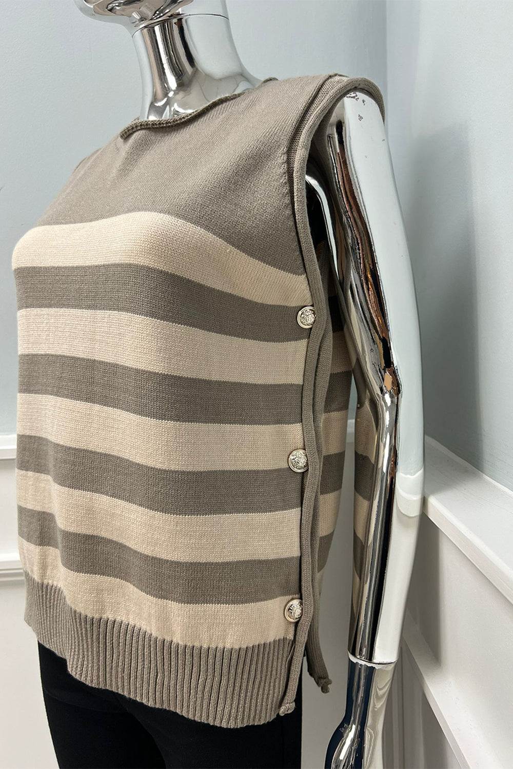 Round Neck, Golden Button Detailed, Knitted Stripe Top