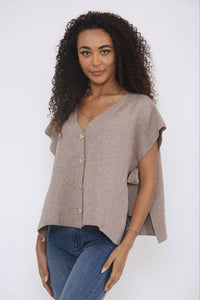 V-Neck, Button Through, Side Tie & Split Detailed, Viscose Nylon & PBT Knitted Top