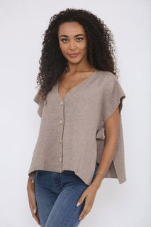 V-Neck, Button Through, Side Tie & Split Detailed, Viscose Nylon & PBT Knitted Top