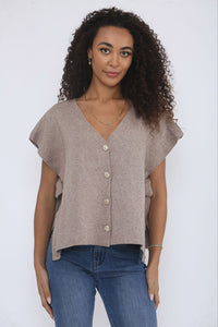 V-Neck, Button Through, Side Tie & Split Detailed, Viscose Nylon & PBT Knitted Top