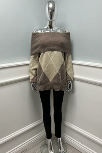 Off-shoulder argyle knit — soft tones, chic neckline